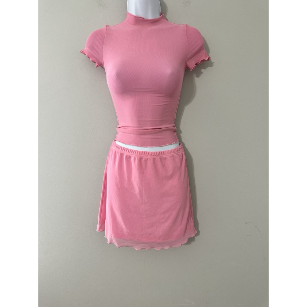 WRAY‎ NYC Pink Mesh Lettuce Edge 2pc Set Top Skirt Mini Skort Y2K Size S & XS